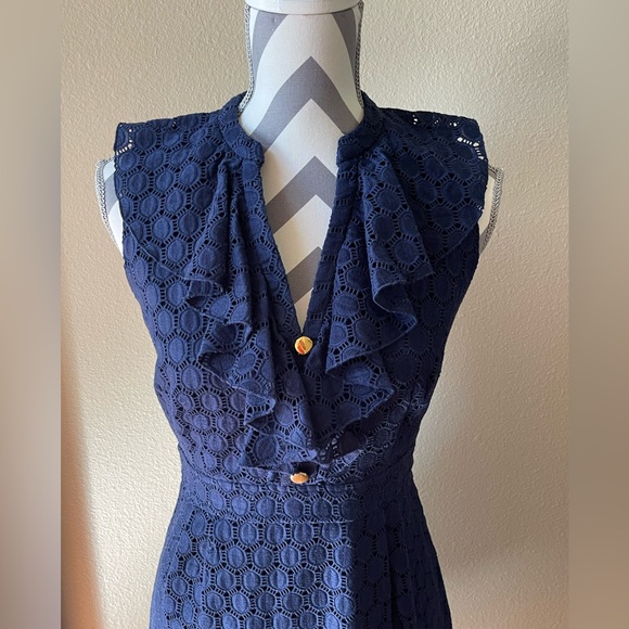 Shoshanna Dress - Sleeveless Navy Ruffled Sheath Dress - Size: 6 - Picture 2 of 10